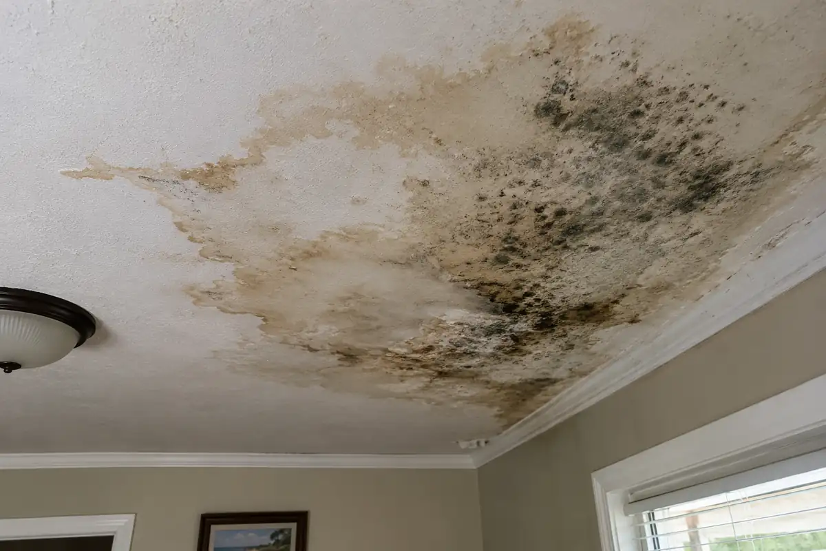 Water-stained ceiling with mold growth after a roof leak in a Titusville home